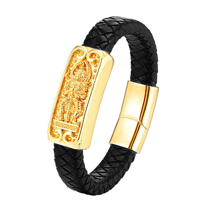 Pulsera reforzada de cuero, acero y titanio con símbolo de Buda y Buddha Stones de Buda - Negro (circunferencia de la muñeca: 18-22 cm) - image 0