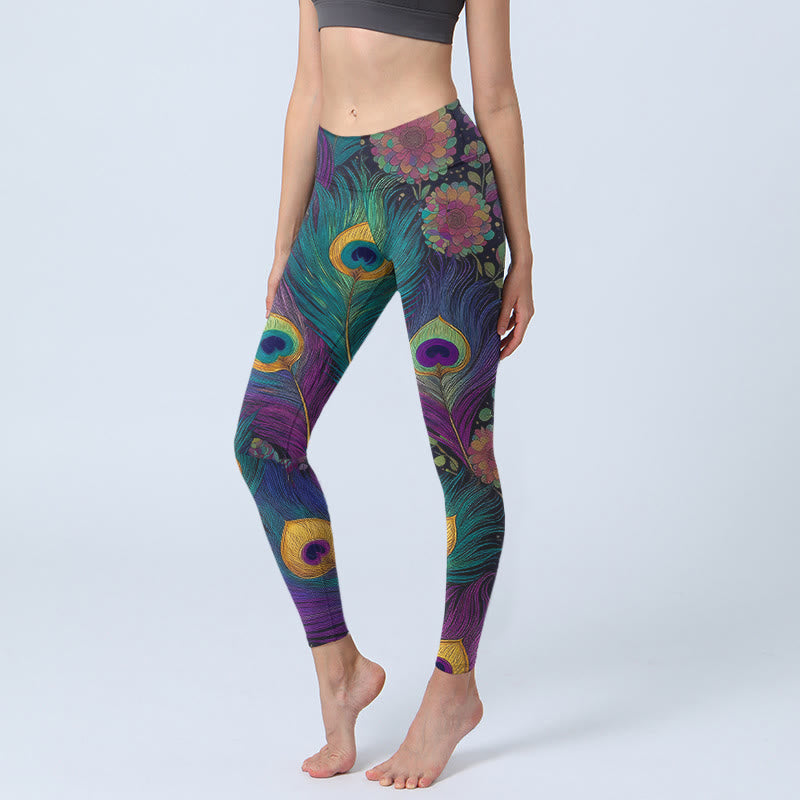 Leggings de yoga para mujer con estampado de flores y plumas de pavo real de Buddha Stones - Orquídea oscura - US18，UK/AU22，EU50 (4XL) - image 0