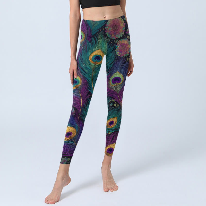 Leggings de yoga para mujer con estampado de flores y plumas de pavo real de Buddha Stones - image 5