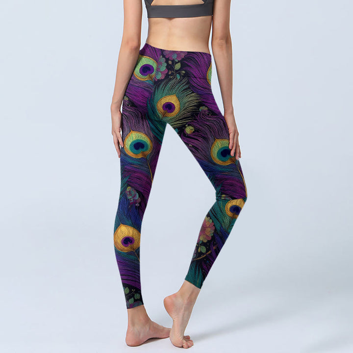 Leggings de yoga para mujer con estampado de flores y plumas de pavo real de Buddha Stones - image 3