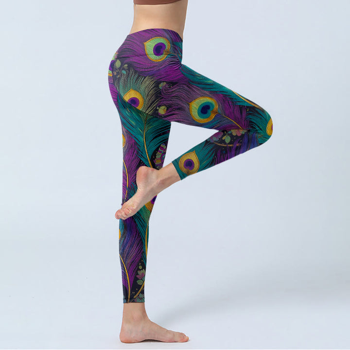 Leggings de yoga para mujer con estampado de flores y plumas de pavo real de Buddha Stones - image 4