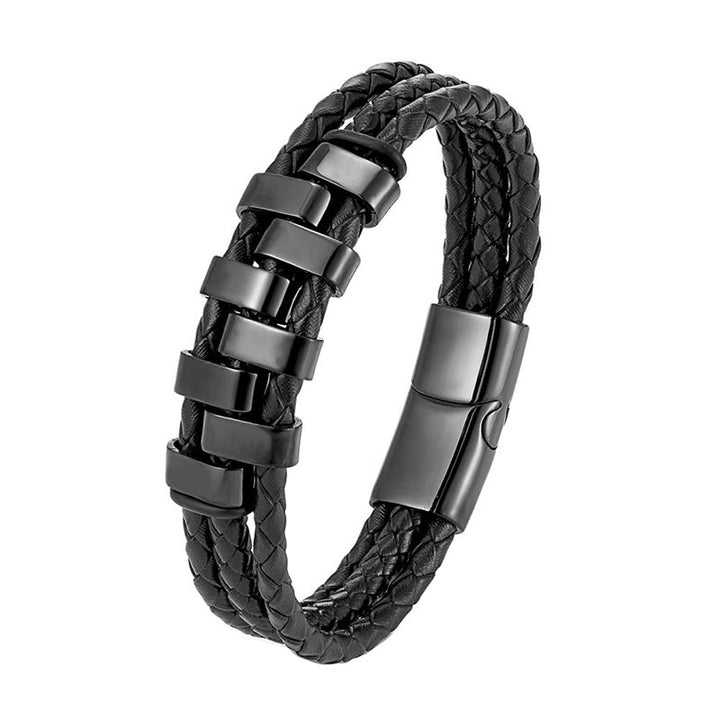Pulsera reforzada de cuero, acero y titanio con diseño geométrico de Buddha Stones - Negro (circunferencia de la muñeca: 18-22 cm) - image 1