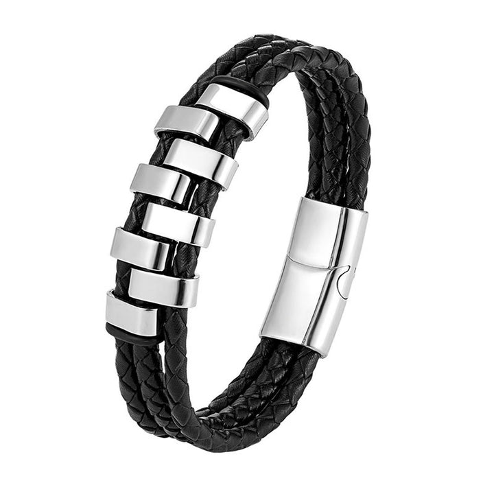 Pulsera reforzada de cuero, acero y titanio con diseño geométrico de Buddha Stones - Plata (circunferencia de la muñeca: 18-22 cm) - image 5