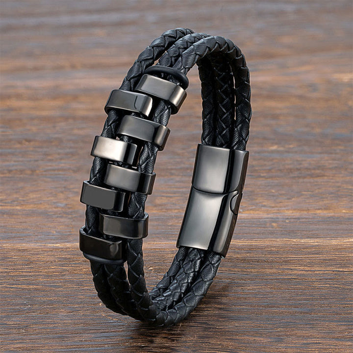 Pulsera reforzada de cuero, acero y titanio con diseño geométrico de Buddha Stones - image 0
