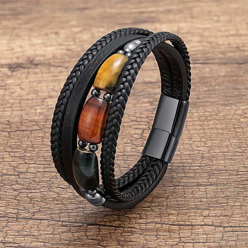 Pulsera de cuero reforzada con Buddha Stones, ojo de tigre natural, ojo de tigre verde y ojo de tigre rojo. - Ojo de tigre mixto - 19-21 cm - image 0