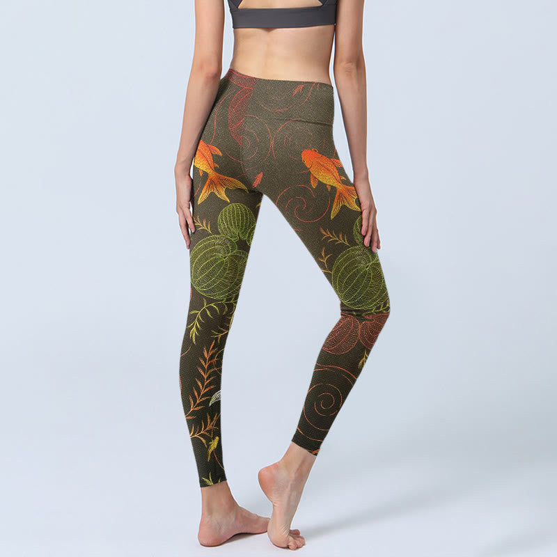 Leggings de yoga para mujer con estampado de plantas, peces koi coloridos y piedras de Buddha Stones - image 3