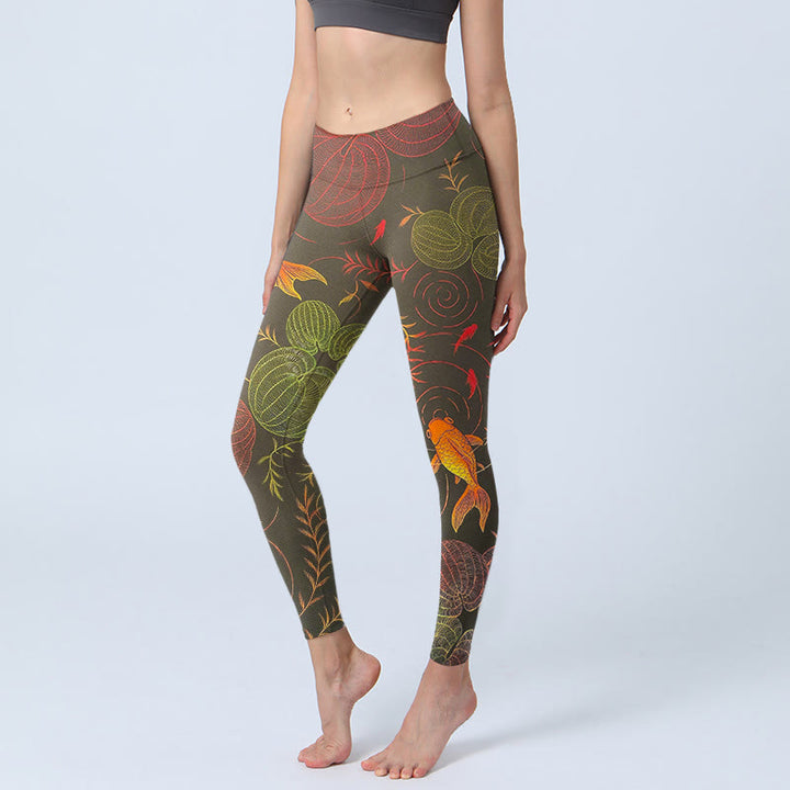 Leggings de yoga para mujer con estampado de plantas, peces koi coloridos y piedras de Buddha Stones - Verde oliva oscuro - US18，UK/AU22，EU50 (4XL) - image 0