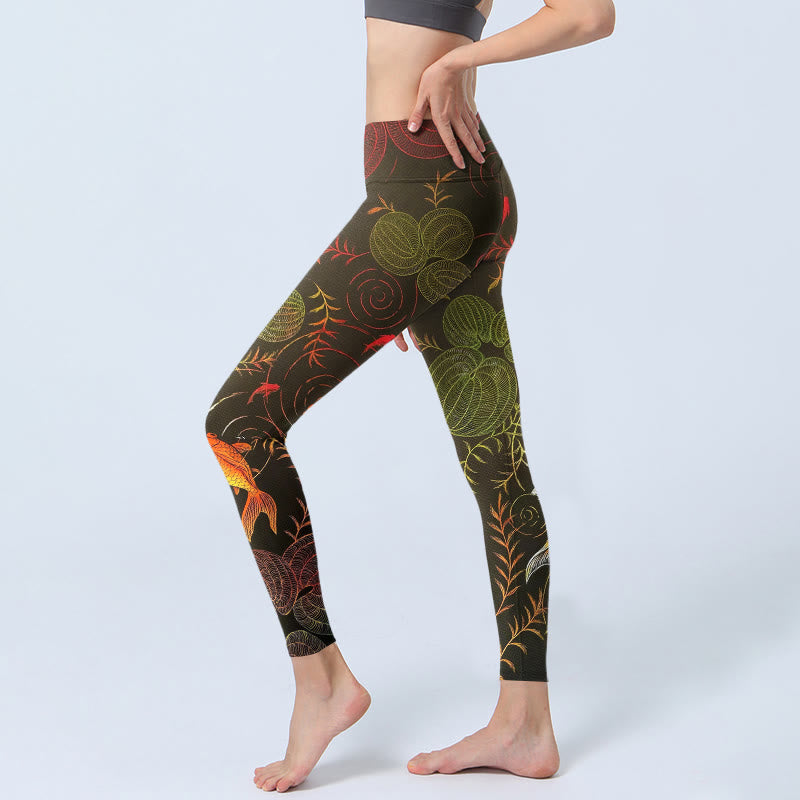 Leggings de yoga para mujer con estampado de plantas, peces koi coloridos y piedras de Buddha Stones - image 2
