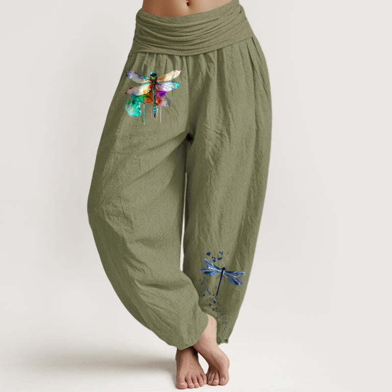 Pantalones Buddha Stones de algodón puro con estampado de libélula de ensueño para mujer con cintura elástica - Verde oliva - US16，UK/AU20，EU48 (3XL) - image 14
