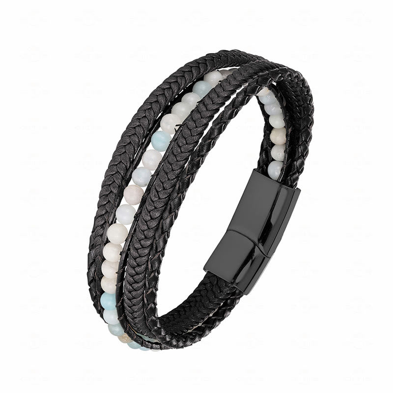 Pulsera de cuero reforzado con cuentas de amazonita, ágata india, hematita y Buddha Stones - Hebilla negra de amazonita - 18-22 cm - image 25