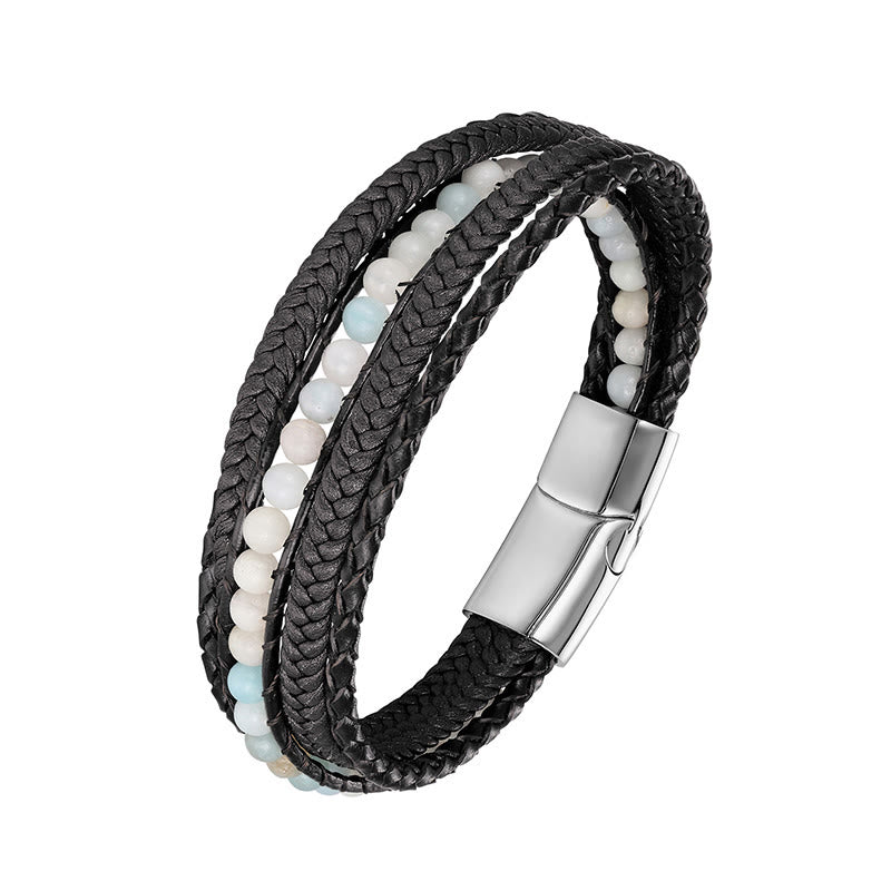 Pulsera de cuero reforzado con cuentas de amazonita, ágata india, hematita y Buddha Stones - Hebilla de plata de amazonita - 18-22 cm - image 8