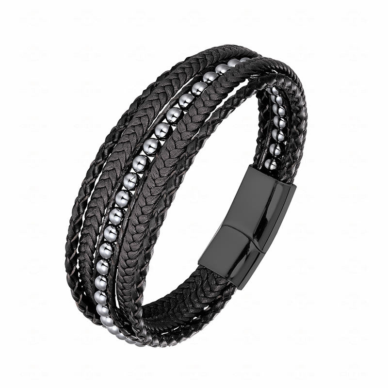 Pulsera de cuero reforzado con cuentas de amazonita, ágata india, hematita y Buddha Stones - Hebilla negra de hematita - 18-22 cm - image 0