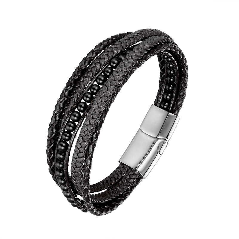 Pulsera de cuero reforzado con cuentas de amazonita, ágata india, hematita y Buddha Stones - Hebilla de plata de ónix negro - 18-22 cm - image 17