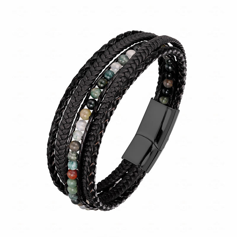 Pulsera de cuero reforzado con cuentas de amazonita, ágata india, hematita y Buddha Stones - Hebilla negra de ágata india - 18-22 cm - image 22