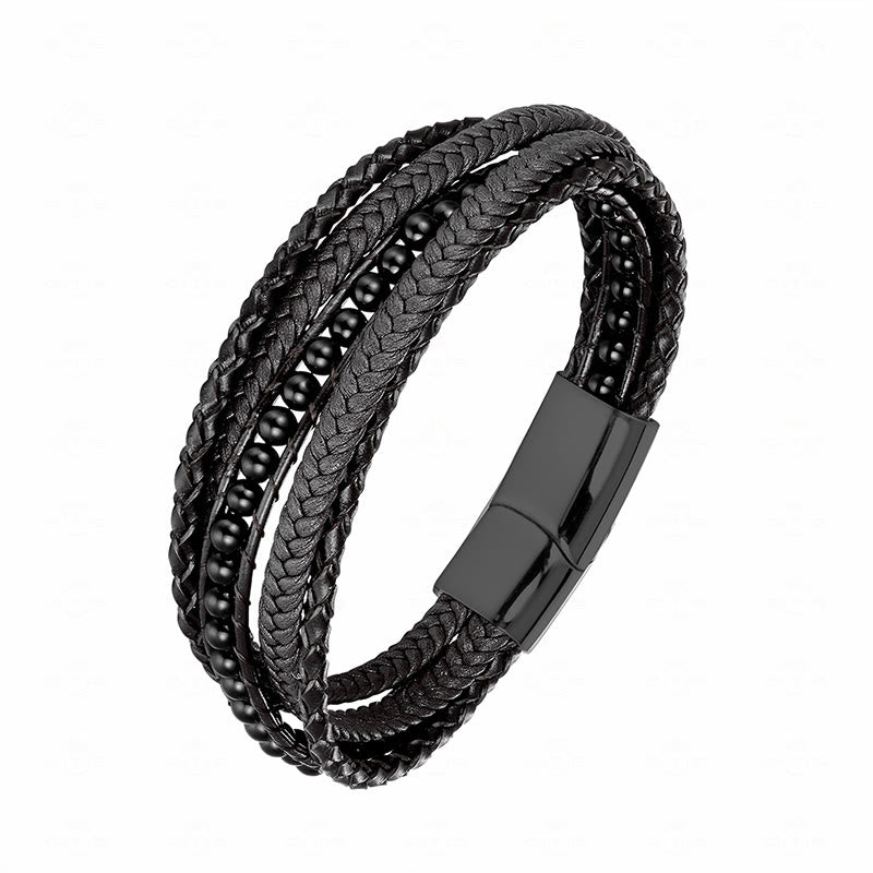 Pulsera de cuero reforzado con cuentas de amazonita, ágata india, hematita y Buddha Stones - Hebilla negra de ónix negro - 18-22 cm - image 24