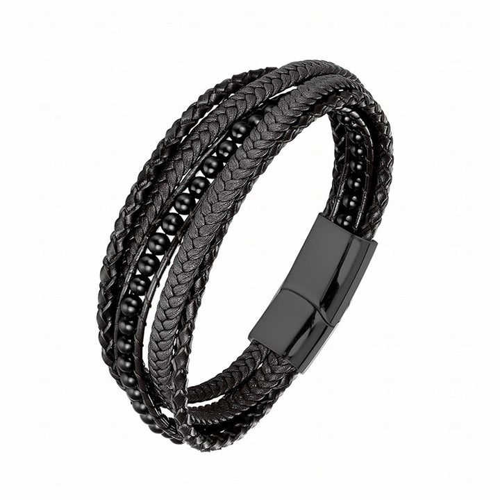 Pulsera de cuero reforzado con cuentas de amazonita, ágata india, hematita y Buddha Stones - Hebilla negra de ónix negro - 18-22 cm - image 24