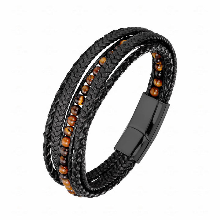 Pulsera de cuero reforzado con cuentas de amazonita, ágata india, hematita y Buddha Stones - Hebilla negra de ojo de tigre - 18-22 cm - image 20