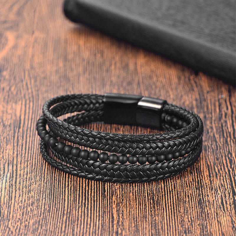 Pulsera trenzada multicapa de cuero de ónix negro mate con Buddha Stones y escarcha - image 1