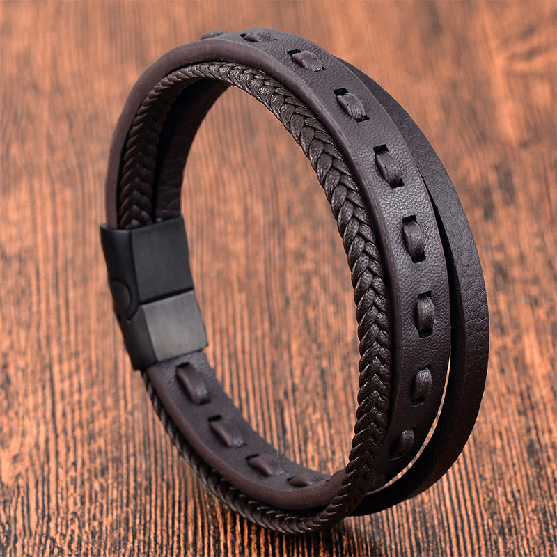 Pulsera de cuero trenzado multicapa con hebilla de acero y titanio y Buddha Stones - image 15