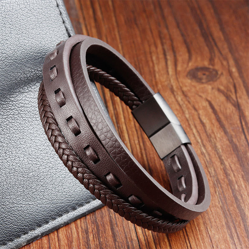 Pulsera de cuero trenzado multicapa con hebilla de acero y titanio y Buddha Stones - image 16