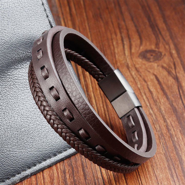 Pulsera de cuero trenzado multicapa con hebilla de acero y titanio y Buddha Stones - image 16