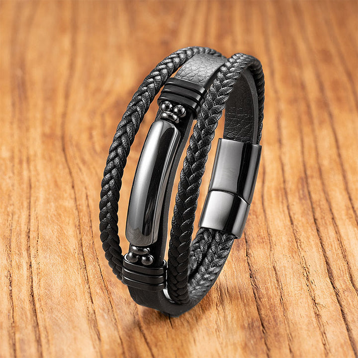 Pulsera reforzada de cuero, acero y titanio con Buddha Stones, hematita, lazurita, piedra brillante negra y cristal rosa. - Hematites - 18-22 cm - image 0