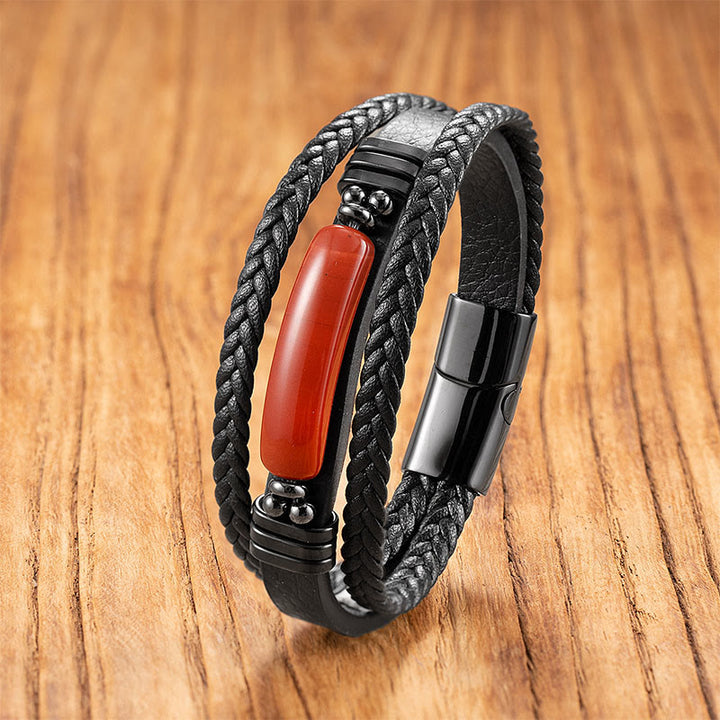 Pulsera reforzada de cuero, acero y titanio con Buddha Stones, hematita, lazurita, piedra brillante negra y cristal rosa. - Liuli rojo - 18-22 cm - image 9