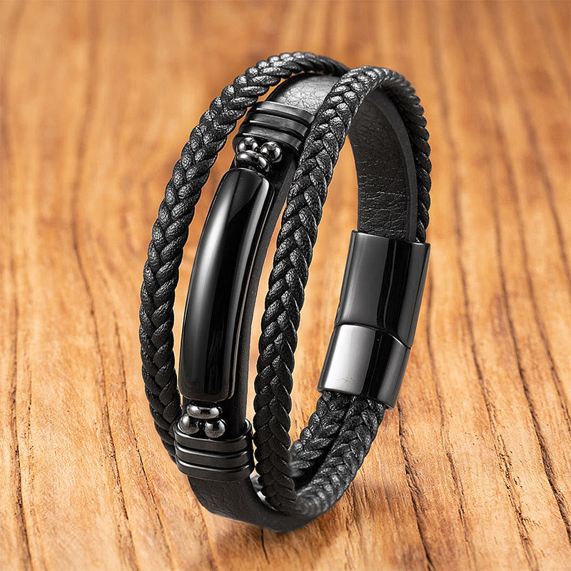 Pulsera reforzada de cuero, acero y titanio con Buddha Stones, hematita, lazurita, piedra brillante negra y cristal rosa. - Ónix negro - 18-22 cm - image 14