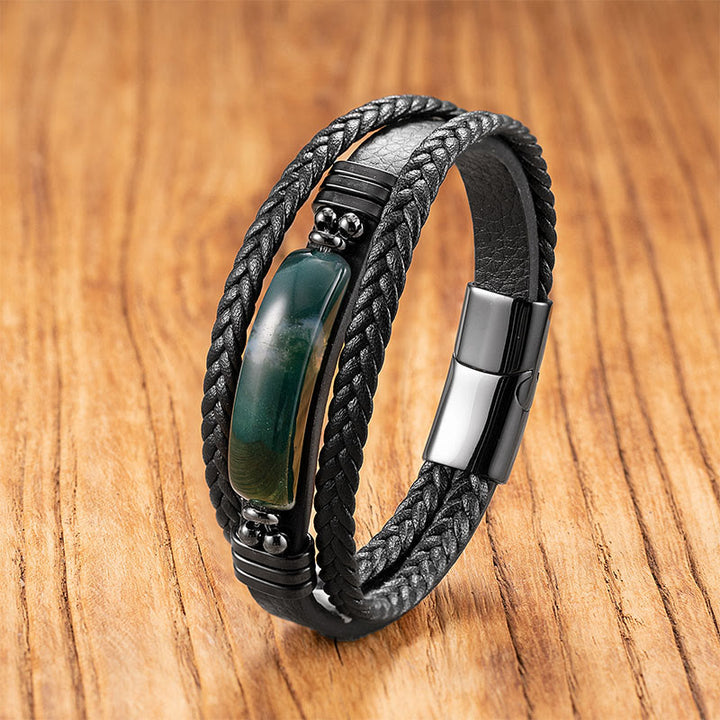 Pulsera reforzada de cuero, acero y titanio con Buddha Stones, hematita, lazurita, lapislázuli, piedra brillante negra y cristal rosa. - Ágata verde - 18-22 cm - image 23