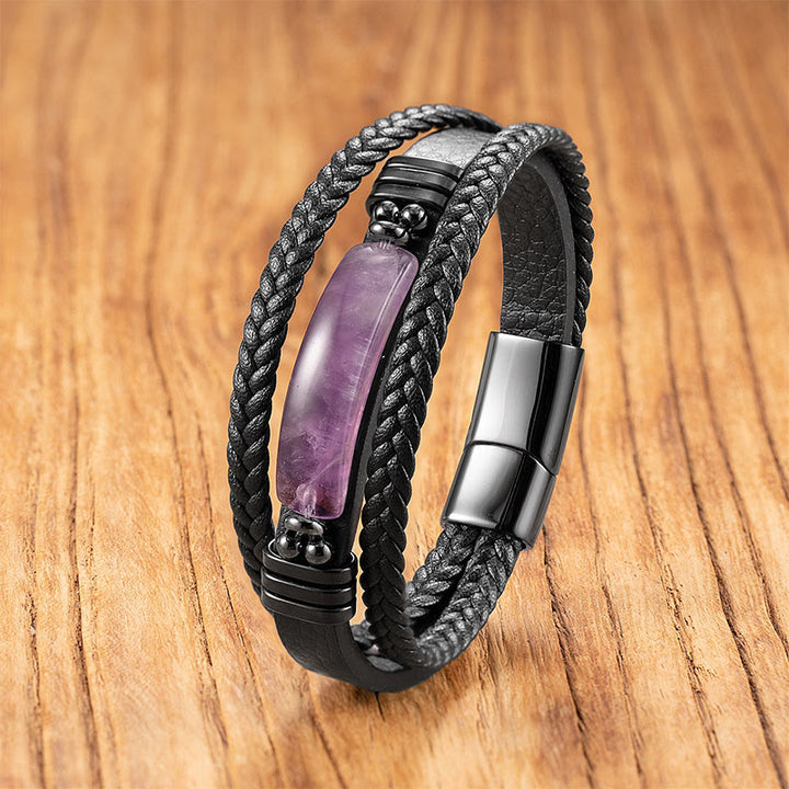 Pulsera reforzada de cuero, acero y titanio con Buddha Stones, hematita, lazurita, lapislázuli, piedra brillante negra y cristal rosa. - Amatista - 18-22 cm - image 12