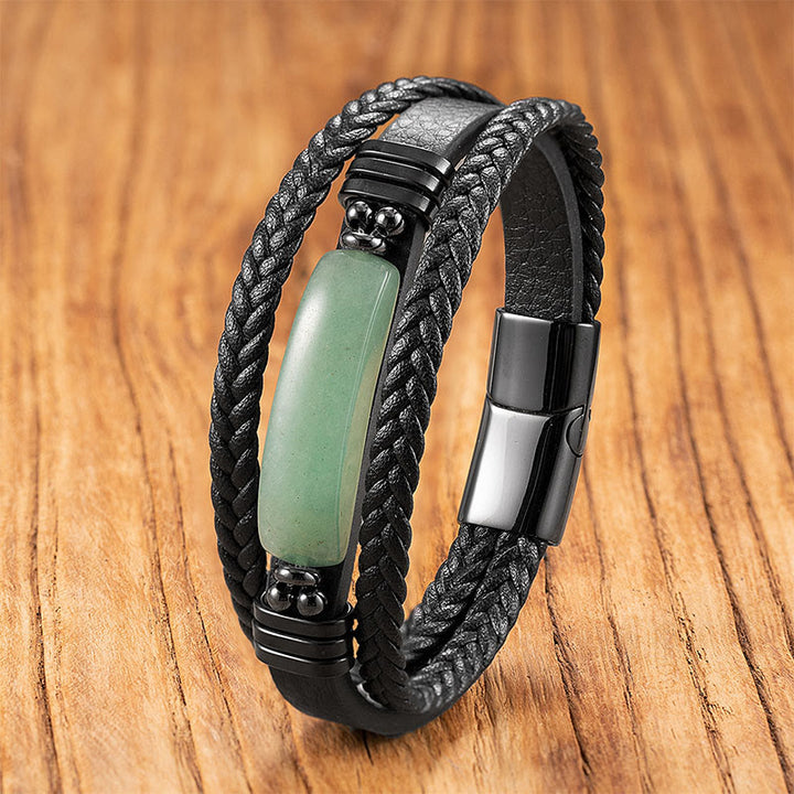 Pulsera reforzada de cuero, acero y titanio con Buddha Stones, hematita, lazurita, lapislázuli, piedra brillante negra y cristal rosa. - Aventurina verde - 18-22 cm - image 16