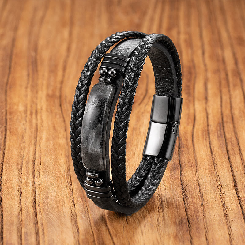 Pulsera reforzada de cuero, acero y titanio con Buddha Stones, hematita, lazurita, lapislázuli, piedra brillante negra y cristal rosa. - Piedra negra brillante - 18-22 cm - image 5