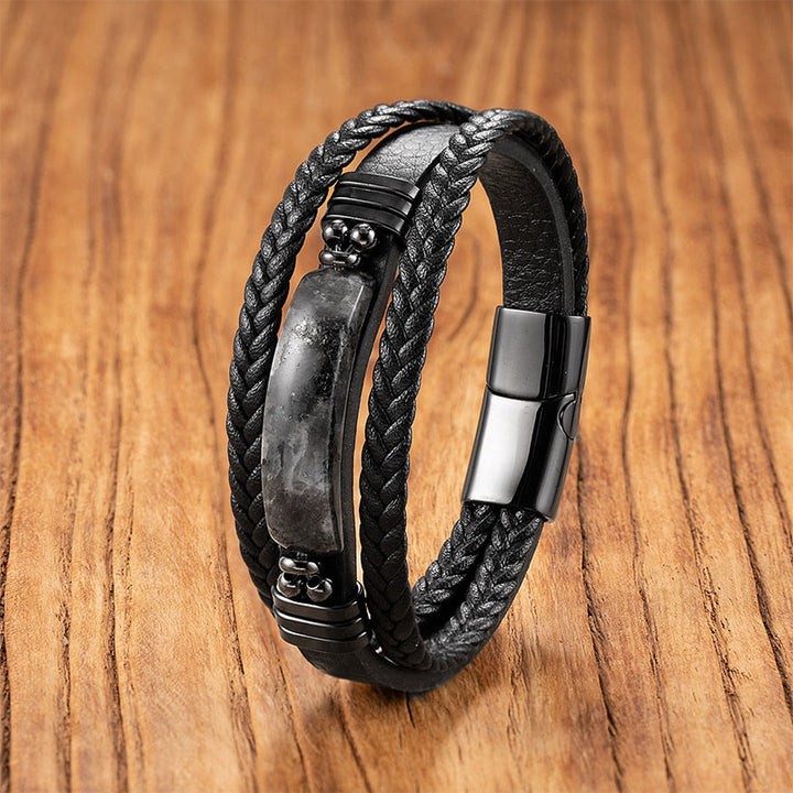 Pulsera reforzada de cuero, acero y titanio con Buddha Stones, hematita, lazurita, lapislázuli, piedra brillante negra y cristal rosa. - Piedra negra brillante - 18-22 cm - image 5