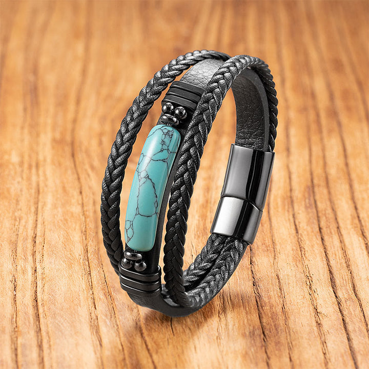 Pulsera reforzada de cuero, acero y titanio con Buddha Stones, hematita, lazurita, piedra brillante negra y cristal rosa. - Turquesa - 18-22 cm - image 10