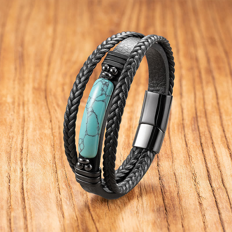 Pulsera reforzada de cuero, acero y titanio con Buddha Stones, hematita, lazurita, lapislázuli, piedra brillante negra y cristal rosa. - Turquesa - 18-22 cm - image 10