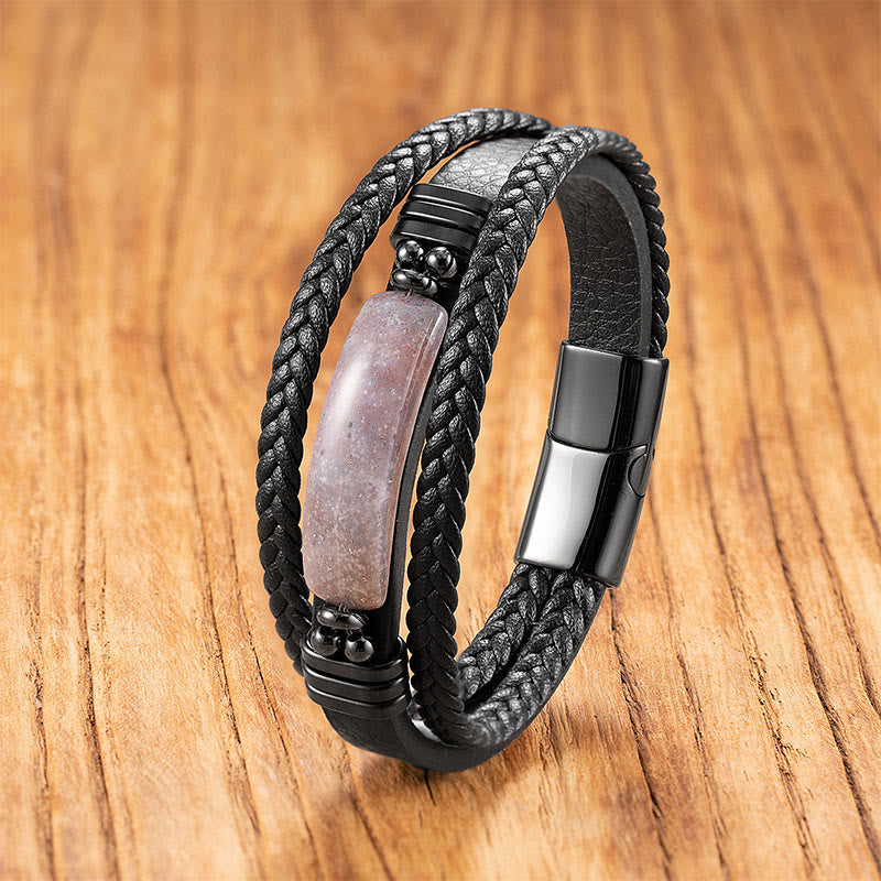 Pulsera reforzada de cuero, acero y titanio con Buddha Stones, hematita, lazurita, lapislázuli, piedra brillante negra y cristal rosa. - Ágata rosa - 18-22 cm - image 24