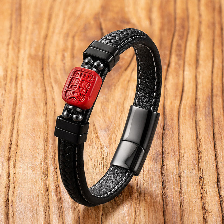 Pulsera de cuero con bendición de Buddha Stones , símbolo de Buda, pez koi, dragón, personaje Fu, diseño Pi Xiu - Carácter seguro - 18-22 cm - image 9