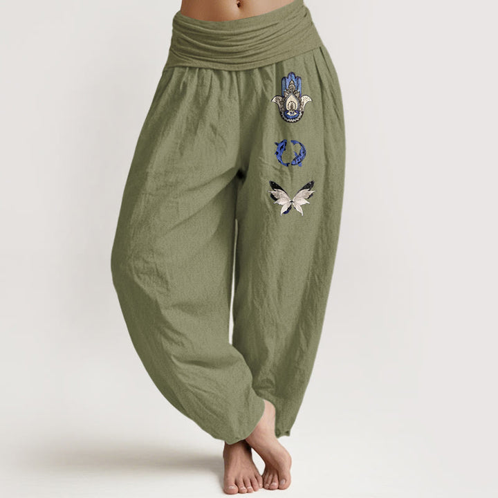 Pantalones Buddha Stones, pez koi y mariposa para mujer, con cintura elástica - Verde oliva - US16，UK/AU20，EU48 (3XL) - image 14