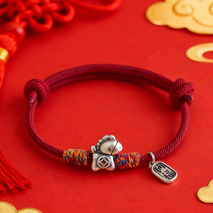 Pulsera de cuerda con Buddha Stones en plata de ley 999 con el símbolo del Año del Caballo Fu para atraer la fortuna - image 0