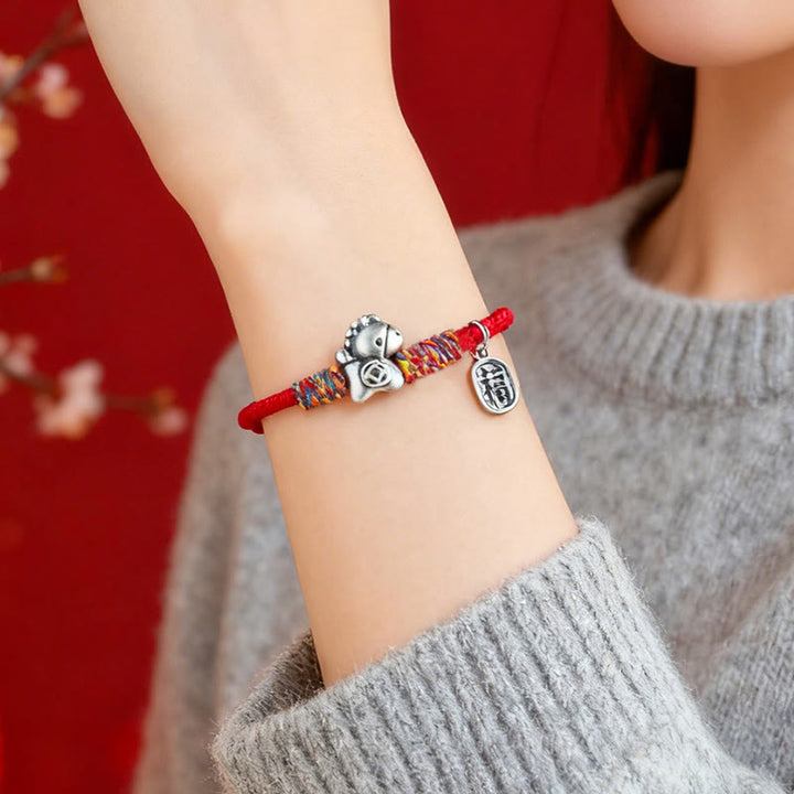 Pulsera de cuerda con Buddha Stones en plata de ley 999 con el símbolo del Año del Caballo Fu para atraer la fortuna - image 12