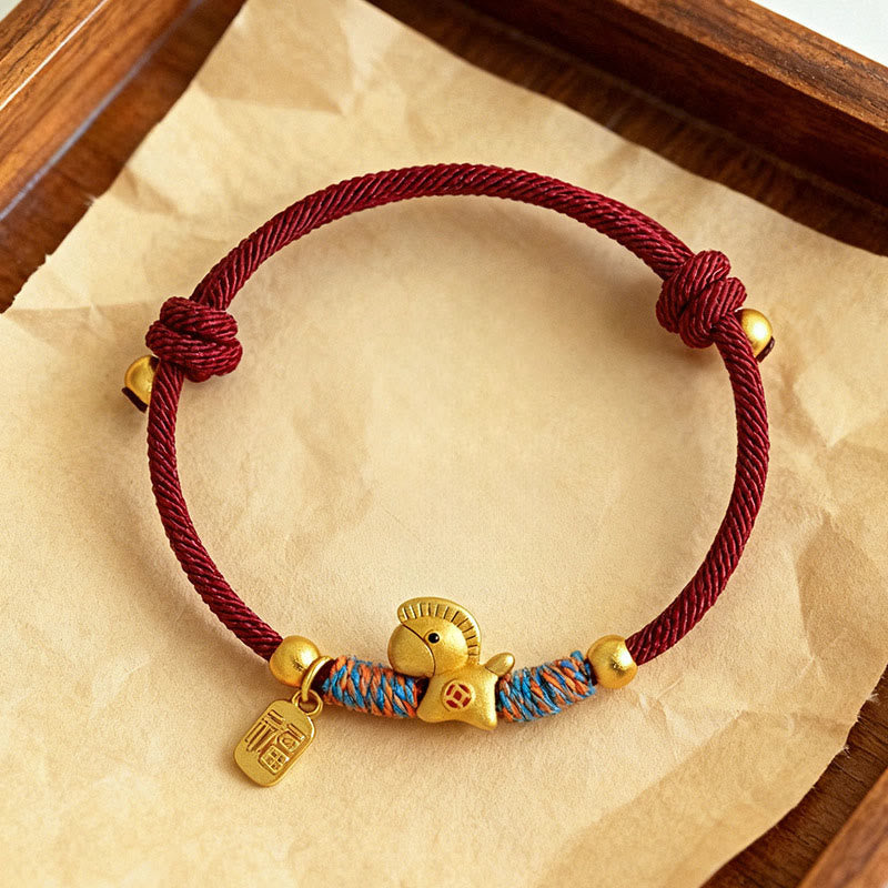 Pulsera de cuerda de la suerte con Buddha Stones en plata de ley 999 con el personaje Fu del Año del Caballo. - image 0