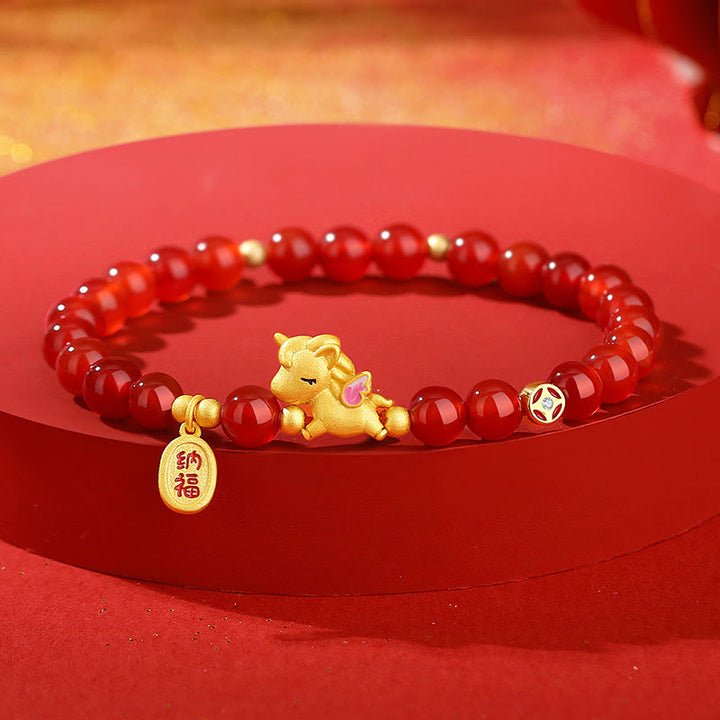 Pulsera de cuentas de ágata roja de plata de ley 925 con Buddha Stones y el Año del Caballo - Ágata roja (circunferencia de la muñeca: 17-19 cm) - image 0
