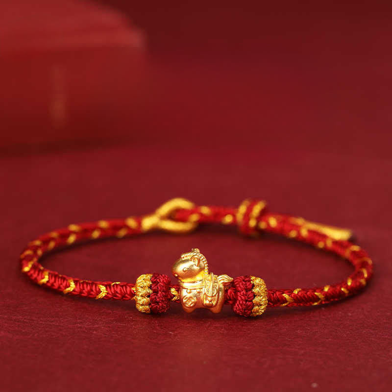 Pulsera ajustable de cuerda trenzada con Buddha Stones, oro 999, Año del Caballo - Cuerda roja oscura - Oro 999 0,35 g - 16-18 cm - image 0