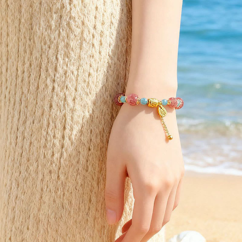 Pulsera de cuentas curativas positivas de piedra lunar de cuarzo fresa natural de Buddha Stones - image 7