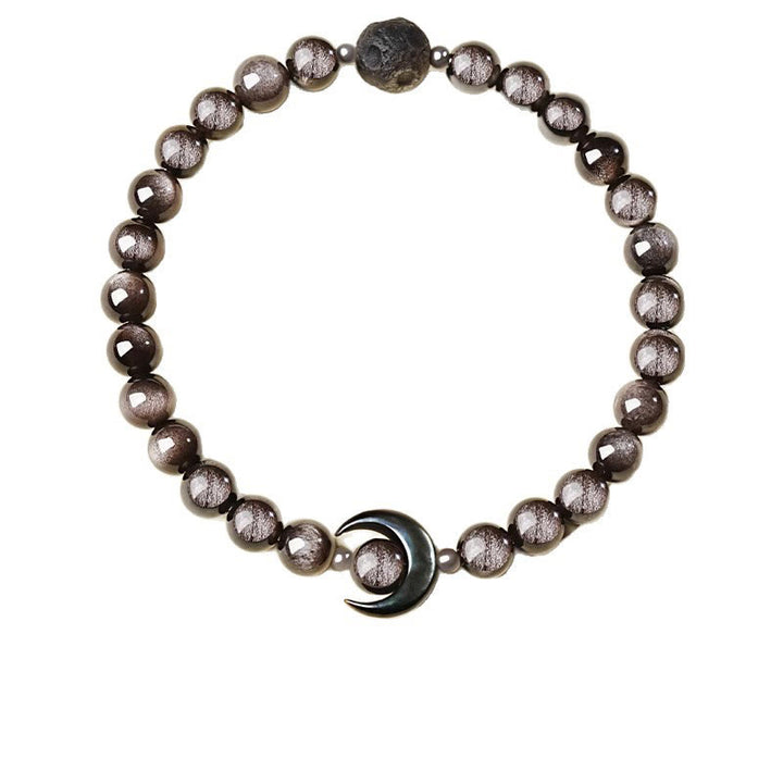 Pulsera de cuentas de obsidiana con diseño de luna y Buddha Stones, protección y brillo plateado natural - image 5