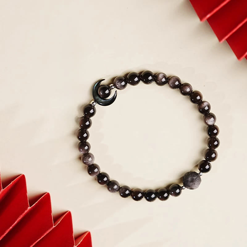 Pulsera de cuentas de obsidiana con diseño de luna y Buddha Stones, protección y brillo plateado natural - image 2