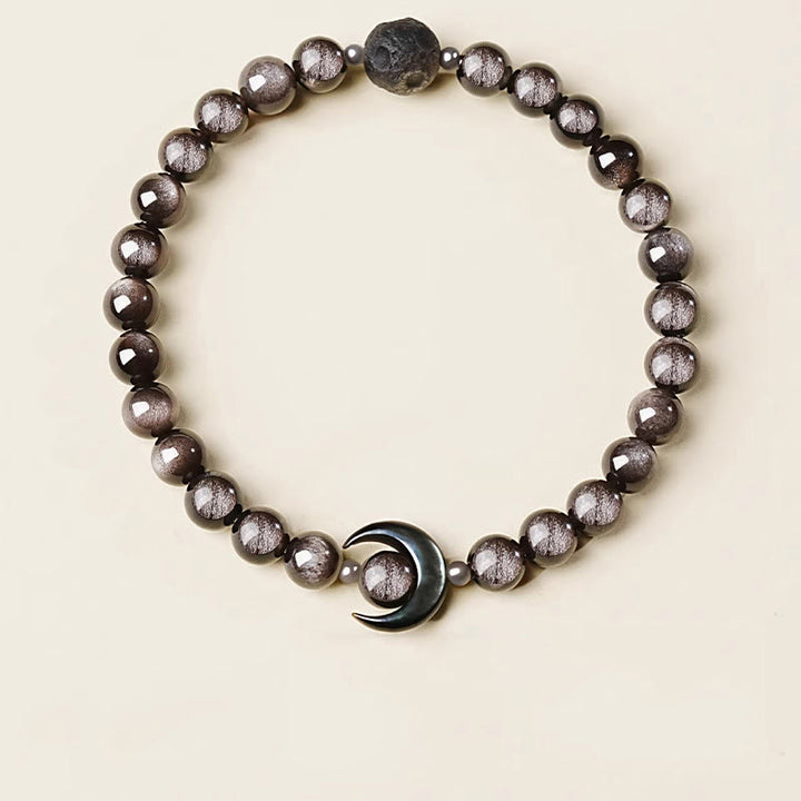 Pulsera de cuentas de obsidiana con diseño de luna y Buddha Stones, protección y brillo plateado natural - image 3