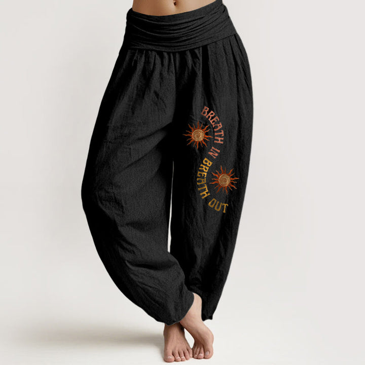 Pantalones harén de algodón puro con estampado de frases en inglés y tonos cálidos de Buddha Stones para mujer, cintura elástica - Negro - US16，UK/AU20，EU48 (3XL) - image 0
