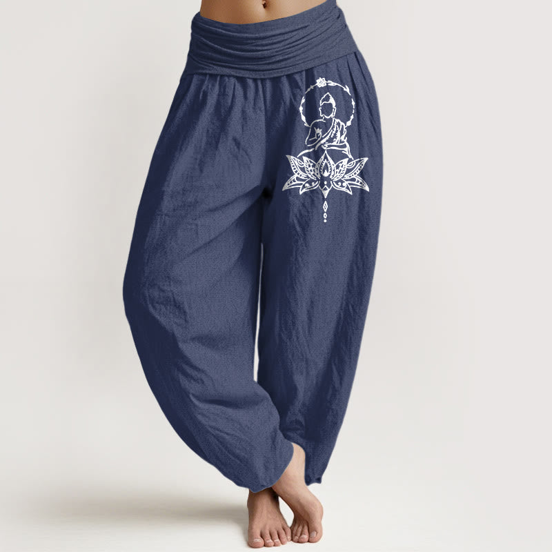 Pantalones Buddha Stones de algodón puro con estampado de Buda de loto y cintura elástica para mujer - Azul pizarra oscuro - US16，UK/AU20，EU48 (3XL) - image 0