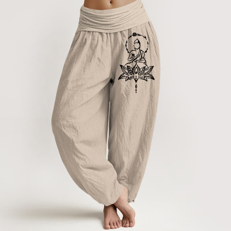 Pantalones Buddha Stones de algodón puro con estampado de Buda de loto y cintura elástica para mujer - Broncearse - US16，UK/AU20，EU48 (3XL) - image 11